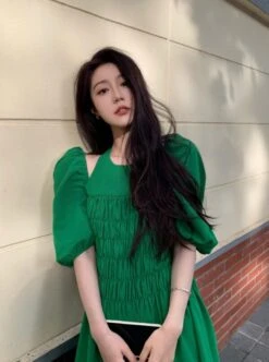 Green Puff Sleeve Halter Dress | Joy - Red Velvet -Amped Apparel Joy Red Velvet Green Puff Sleeve Halter Dress 7 600x806 1