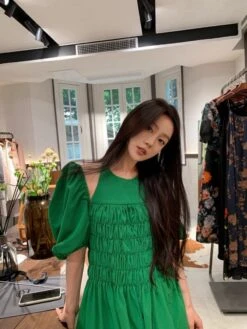 Green Puff Sleeve Halter Dress | Joy - Red Velvet -Amped Apparel Joy Red Velvet Green Puff Sleeve Halter Dress 8 600x800 1