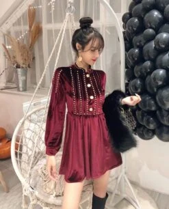 Wine Red Studded Mini Dress | Joy - Red Velvet -Amped Apparel Joy Red Velvet Wine Red Studded Mini Dress 1 600x744 1