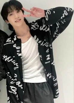 Black Short Sleeves Scribble Print Shirt | Jungkook - BTS -Amped Apparel Jungkook BTS Black Short Sleeves Scribble Print Shirt 1 600x840 1