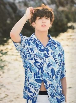 Blue Leaves Pattern Collared Shirt | Jungkook - BTS -Amped Apparel Jungkook BTS Blue Leaves Pattern Collared Shirt 2 600x808 1