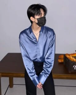 Blue Satin Long Sleeve Shirt | Jungkook - BTS -Amped Apparel Jungkook BTS Blue Satin Long Sleeve Shirt 2