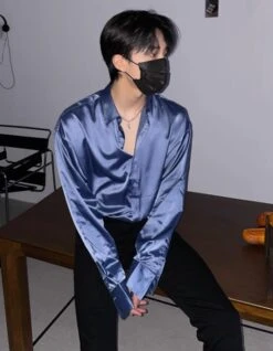 Blue Satin Long Sleeve Shirt | Jungkook - BTS -Amped Apparel Jungkook BTS Blue Satin Long Sleeve Shirt 5