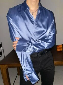 Blue Satin Long Sleeve Shirt | Jungkook - BTS -Amped Apparel Jungkook BTS Blue Satin Long Sleeve Shirt 6 600x809 1