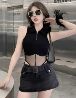 Black Belted Denim Mini Skirt | Juria - XG