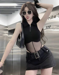 Black Belted Denim Mini Skirt | Juria - XG -Amped Apparel Juria XG Black Belted Denim Mini Skirt 4 600x753 1