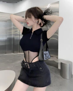 Black Belted Denim Mini Skirt | Juria - XG -Amped Apparel Juria XG Black Belted Denim Mini Skirt 6 600x746 1