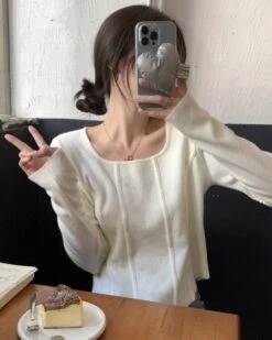 White Square Collar Knitter Top | Karina - Aespa -Amped Apparel Karina Aespa White Square Collar Knitter Sweater 2 600x751 1