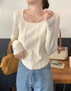 White Square Collar Knitter Top | Karina - Aespa -Amped Apparel Karina Aespa White Square Collar Knitter Sweater 5 600x763 1