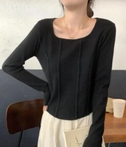 White Square Collar Knitter Top | Karina - Aespa -Amped Apparel Karina Aespa White Square Collar Knitter Sweater 9 600x700 1