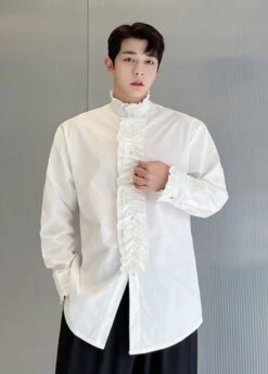 White Ruffled Long Sleeve Shirt | Leeknow - Stray Kids -Amped Apparel Leeknow Stray Kids White Ruffled Long Sleeve Shirt 3