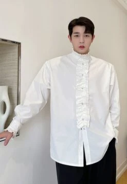 White Ruffled Long Sleeve Shirt | Leeknow - Stray Kids -Amped Apparel Leeknow Stray Kids White Ruffled Long Sleeve Shirt 4