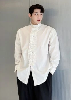 White Ruffled Long Sleeve Shirt | Leeknow - Stray Kids -Amped Apparel Leeknow Stray Kids White Ruffled Long Sleeve Shirt 6