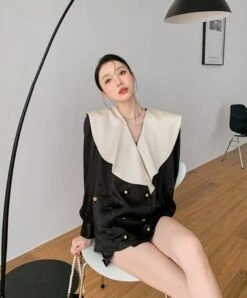 Black French Collared Blouse | Lia - ITZY -Amped Apparel Lia ITZY Black French Collared Top 5 600x724 1