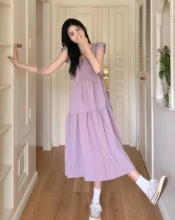 Lilac Gartered Ruffles Dress | Hinata - XG -Amped Apparel Lilac Gartered Ruffles Dress Hinata XG 11 600x752 1