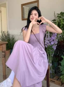 Lilac Gartered Ruffles Dress | Hinata - XG -Amped Apparel Lilac Gartered Ruffles Dress Hinata XG 3 600x810 1