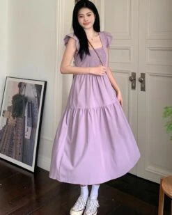 Lilac Gartered Ruffles Dress | Hinata - XG
