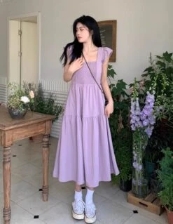 Lilac Gartered Ruffles Dress | Hinata - XG -Amped Apparel Lilac Gartered Ruffles Dress Hinata XG 9 600x776 1