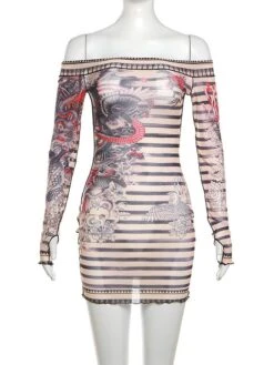 Beige And Black Striped Mesh Dress | Lisa - BlackPink