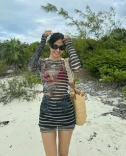 Beige And Black Striped Mesh Dress | Lisa - BlackPink -Amped Apparel Lisa BlackPink Beige And Black Striped Mesh Dress 9 600x744 1