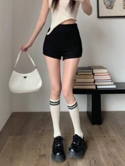 Black High-Waisted Slim Fit Shorts | Lisa - BlackPink -Amped Apparel Lisa BlackPink Black High Waisted Slim Fit Shorts 6