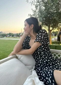 Black Polka-Dot Maxi Dress | Lisa - BlackPink -Amped Apparel Lisa BlackPink Black Polka Dot Maxi Dress 1 600x829 1