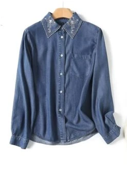 Blue Embroidered Collar Denim Shirt | Lisa - BlackPink