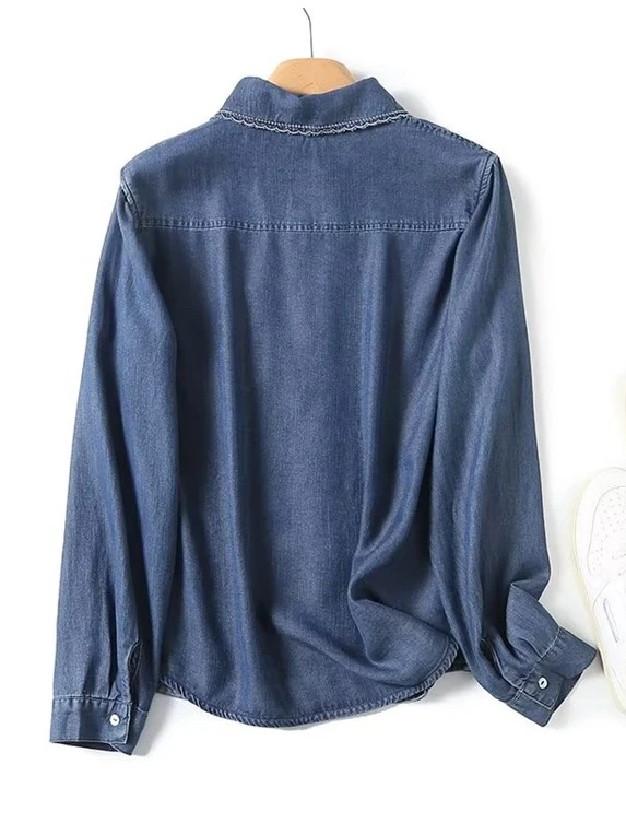 Blue Embroidered Collar Denim Shirt | Lisa - BlackPink 4 Blue Embroidered Collar Denim Shirt | Lisa - BlackPink - Image 2