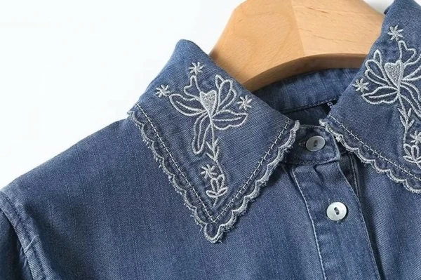 Blue Embroidered Collar Denim Shirt | Lisa - BlackPink 5 Blue Embroidered Collar Denim Shirt | Lisa - BlackPink - Image 3