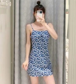 Blue Floral Sling Dress | Lisa - BlackPink -Amped Apparel Lisa BlackPink Blue Floral Sling Dress 11 600x663 1