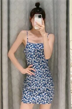 Blue Floral Sling Dress | Lisa - BlackPink -Amped Apparel Lisa BlackPink Blue Floral Sling Dress 15