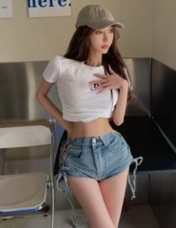 Blue Side-Tie Denim Shorts | Lisa - BlackPink -Amped Apparel Lisa BlackPink Blue Side Tie Denim Shorts 10 600x776 1