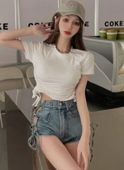 Blue Side-Tie Denim Shorts | Lisa - BlackPink -Amped Apparel Lisa BlackPink Blue Side Tie Denim Shorts 11 600x818 1