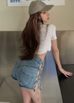 Blue Side-Tie Denim Shorts | Lisa - BlackPink -Amped Apparel Lisa BlackPink Blue Side Tie Denim Shorts 8