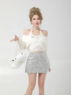 Metallic Grey Sequin Embellished Skirt | Lisa - BlackPink -Amped Apparel Lisa BlackPink Metallic Grey Sequin Embellished Skirt 3 600x800 1