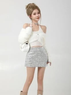 Metallic Grey Sequin Embellished Skirt | Lisa - BlackPink -Amped Apparel Lisa BlackPink Metallic Grey Sequin Embellished Skirt 5 600x800 1