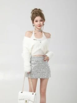 Metallic Grey Sequin Embellished Skirt | Lisa - BlackPink -Amped Apparel Lisa BlackPink Metallic Grey Sequin Embellished Skirt 6 600x800 1