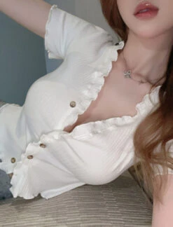 White Lettuce Knitted Buttoned Top | Lisa - BlackPink -Amped Apparel Lisa BlackPink White Lettuce Knitted Buttoned Top 6 600x788 1