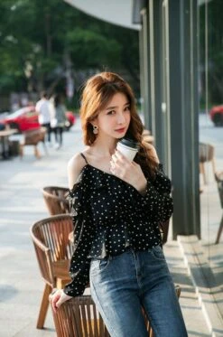 Blue Dotted Blouse | Lisa - BlackPink -Amped Apparel Lisa Blue Dotted Blouse 1 600x906 1