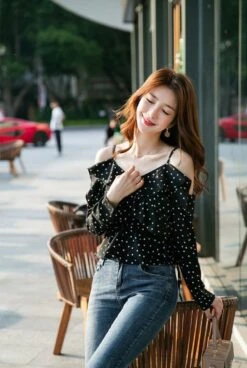 Blue Dotted Blouse | Lisa - BlackPink -Amped Apparel Lisa Blue Dotted Blouse 3 600x894 1