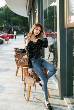 Blue Dotted Blouse | Lisa - BlackPink -Amped Apparel Lisa Blue Dotted Blouse 8 600x893 1