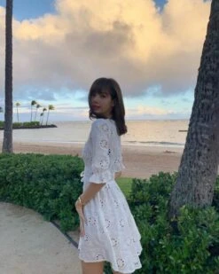 White Embroidery V-Neck Dress | Lisa - BlackPink -Amped Apparel Lisa White Embroidery V Neck Dress Inspiration 2 600x750 1