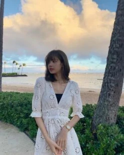 White Embroidery V-Neck Dress | Lisa - BlackPink -Amped Apparel Lisa White Embroidery V Neck Dress Inspiration 3 600x750 1