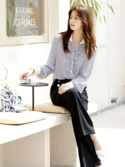 Blue Ruffled Placket Striped Shirt | Minho - SHINee -Amped Apparel Minho SHINee Blue Ruffled Placket Striped Shirt 12 600x800 1