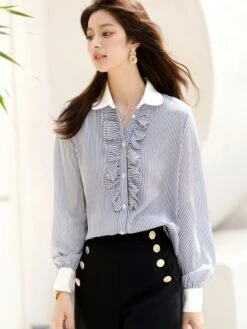 Blue Ruffled Placket Striped Shirt | Minho - SHINee