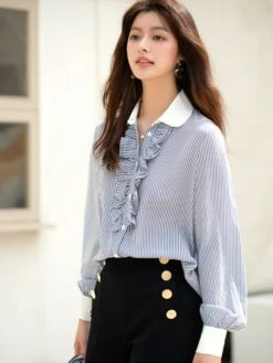 Blue Ruffled Placket Striped Shirt | Minho - SHINee -Amped Apparel Minho SHINee Blue Ruffled Placket Striped Shirt 4 600x800 1