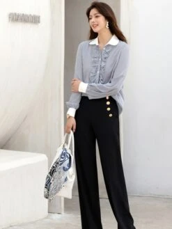 Blue Ruffled Placket Striped Shirt | Minho - SHINee -Amped Apparel Minho SHINee Blue Ruffled Placket Striped Shirt 6 600x800 1