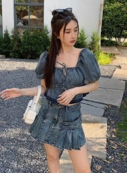 Blue Puff Sleeve Denim Top | Minji - NewJeans -Amped Apparel Minji NewJeans Blue Puff Sleeve Denim Top 2