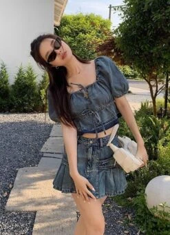 Blue Puff Sleeve Denim Top | Minji - NewJeans -Amped Apparel Minji NewJeans Blue Puff Sleeve Denim Top 7