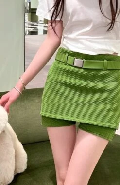 Green Textured Belted Skorts | Minji - NewJeans
